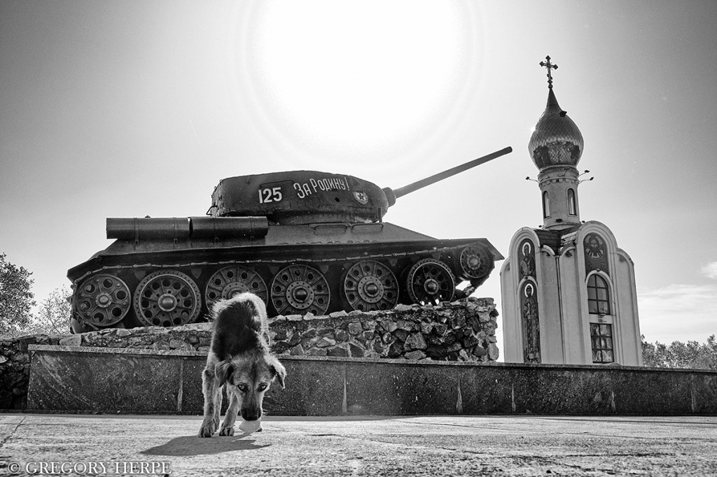 Gregory Herpe photo in Transnistria. A dog, a tank, a church.